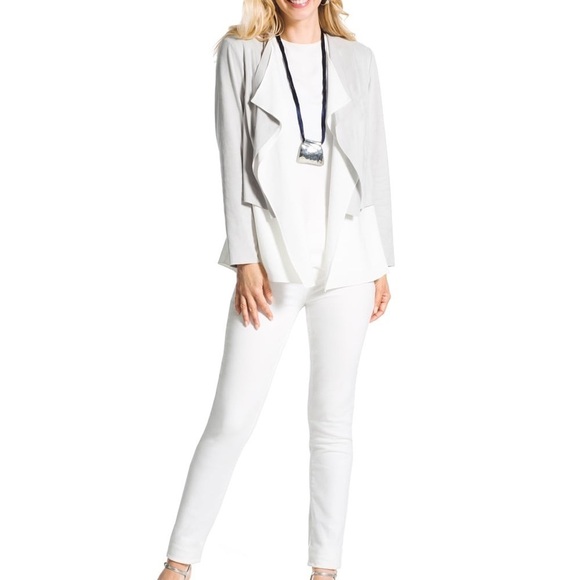 Chico's Open Front Faux Suede Jacket Jacket Sz L White Gray Layered Office - Picture 3 of 15